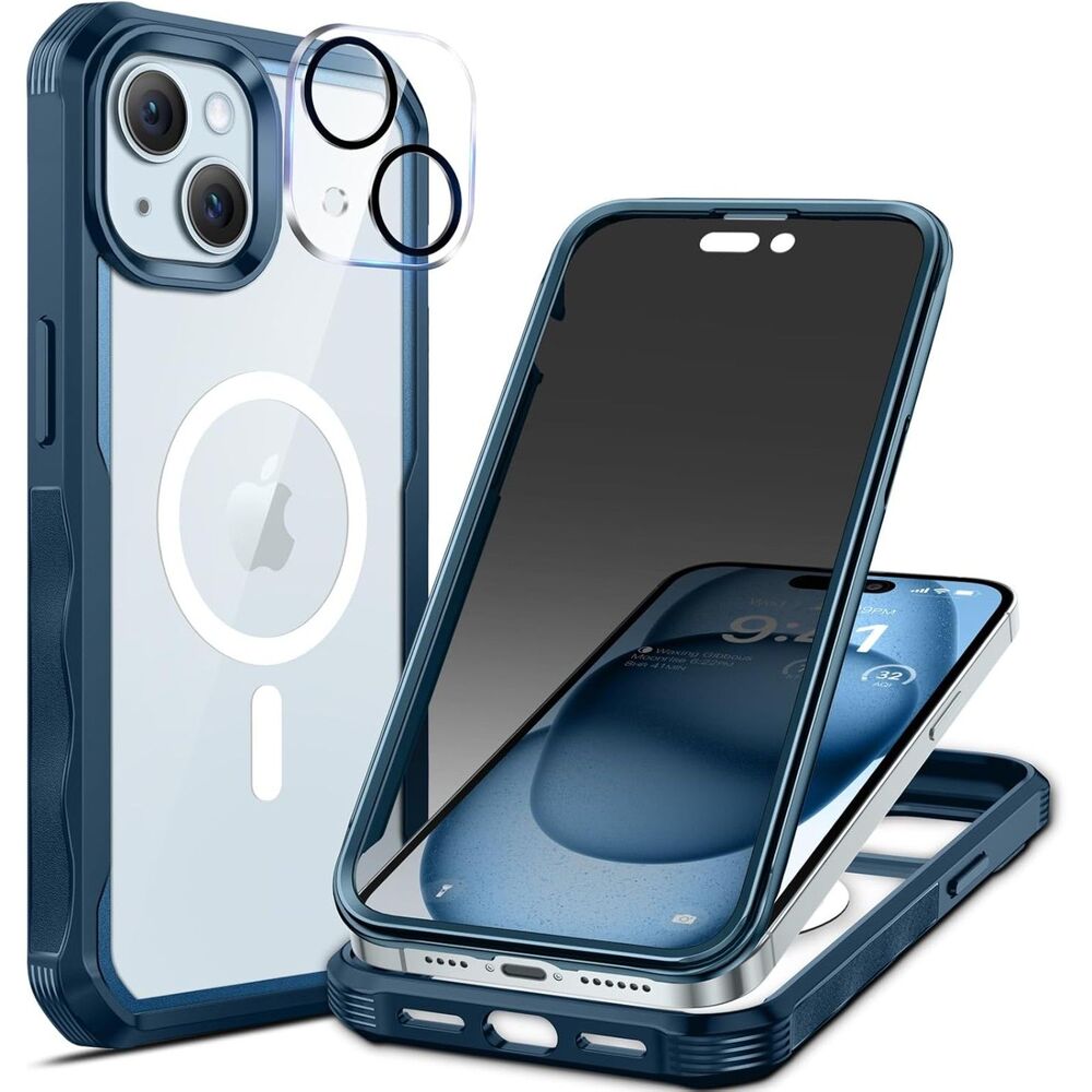 iPhone 15 Plus Case Privacy Screen Protector Blue Magnetic MagSafe Cover